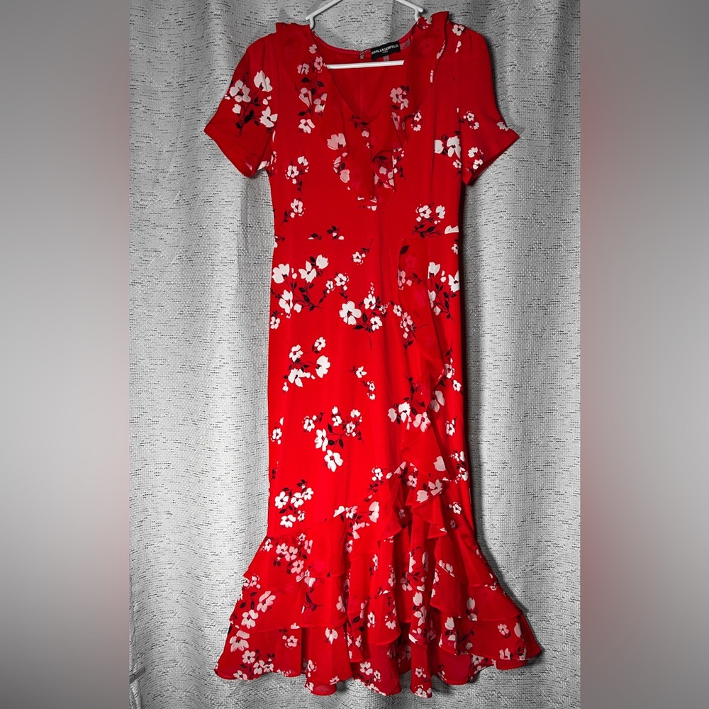 NWOT Karl Lagerfeld Ruffled Floral Midi Dress - Picture 4 of 7